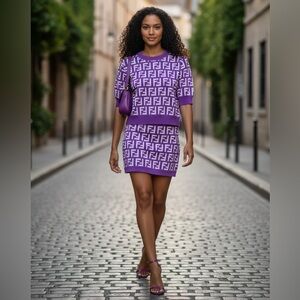 SWEATER SET: 2 Piece Purple & White Stretchy Knit w/Matching Skirt, NWOT